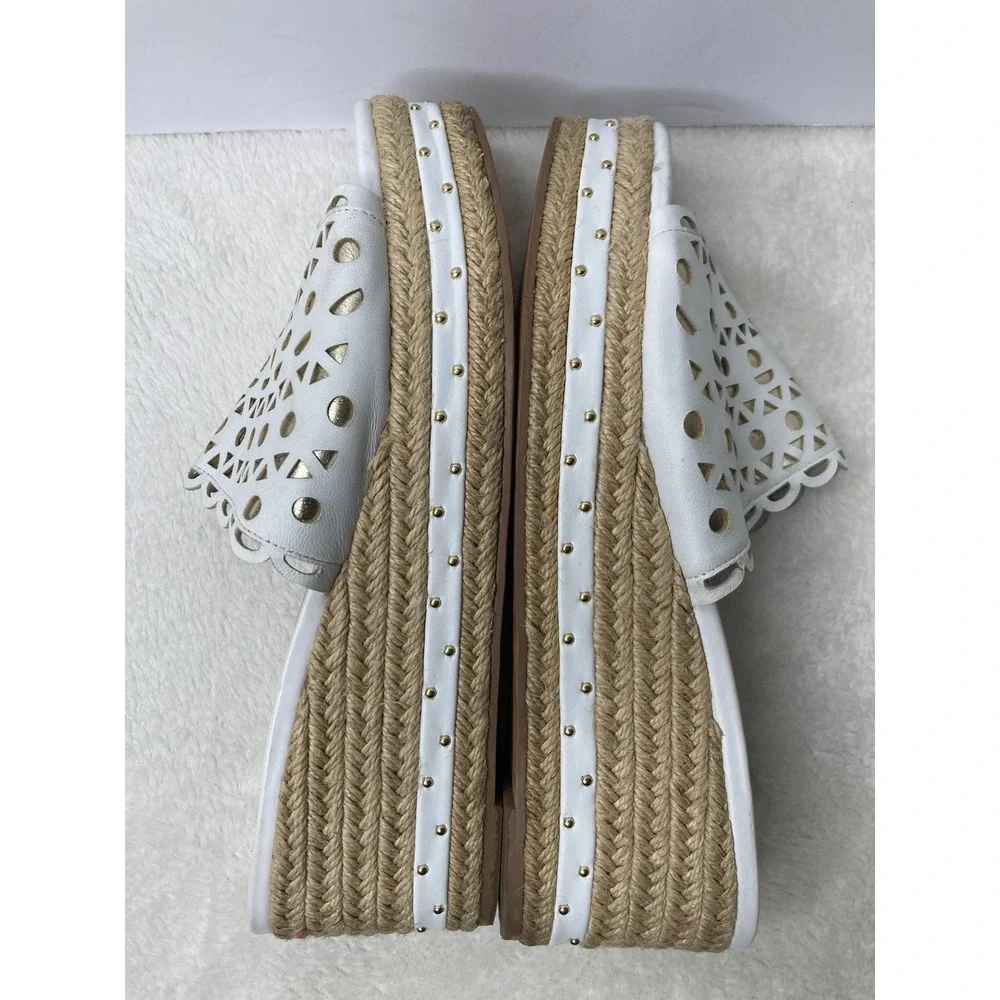 White House Black Market White Gold Laser Cut Studded Espadrille Wedge Sandal 8M